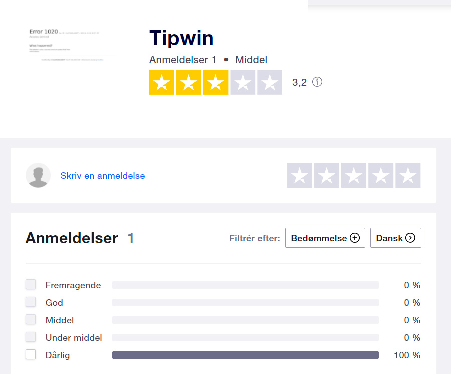 Tipwin Trustpilot oplevelser