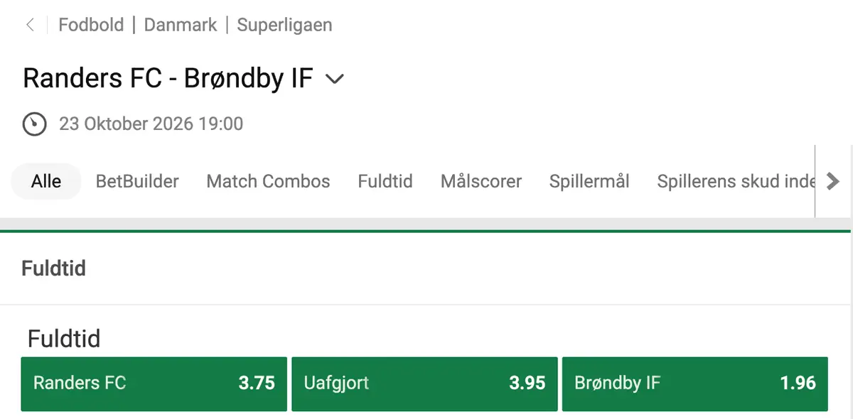 1X2 hos Unibet under navnet Fuldtid Unibet kampside for Randers FC mod Brøndby IF med 1X2 markedet Fuldtid: Randers FC 3.75, Uafgjort 3.95 og Brøndby IF 1.96
