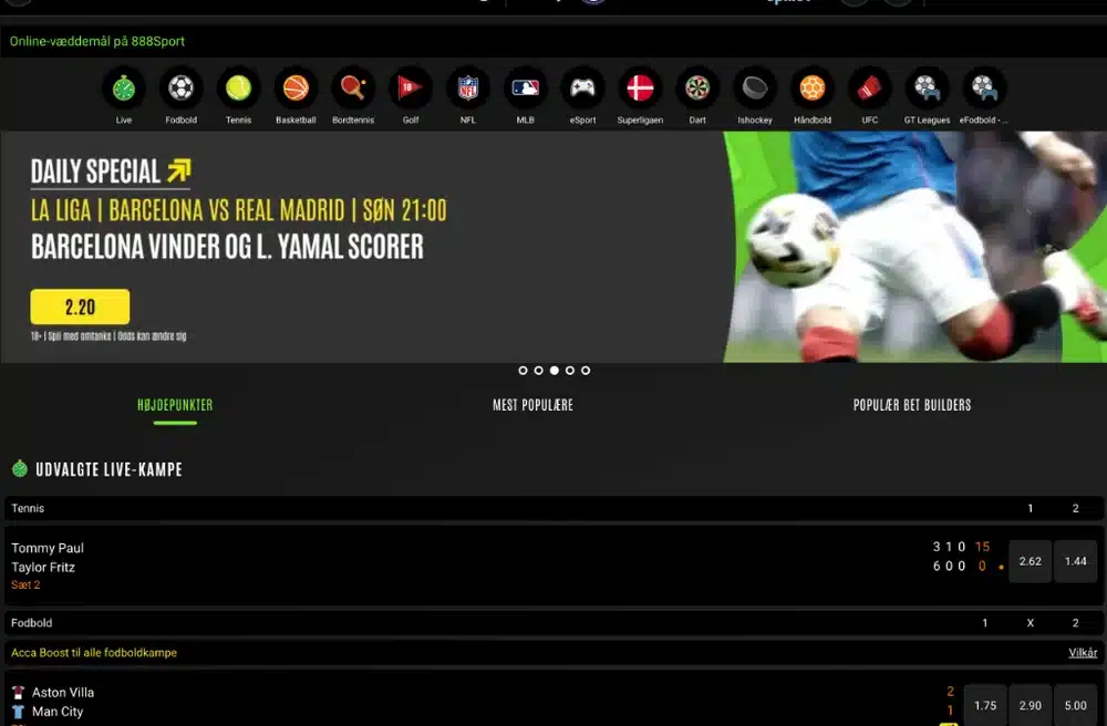 Forsiden til sport hos 888sport Forsiden til sport hos 888sport med genveje til fodbold, tennis, Superligaen og esport, et dagligt tilbud og udvalgte livekampe