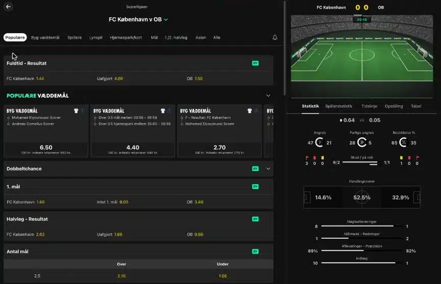 bet365 live odds FC København mod OB Live betting hos bet365 på FC København mod OB efter 30 minutter ved 0-0 med odds 1,44, 4,00 og 7,50