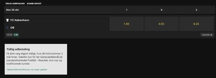 Tidlig udbetaling hos bet365 Tidlig udbetaling hos bet365 på FC København mod OB med odds 1,48, 4,50 og 6,25 og reglen om to mål
