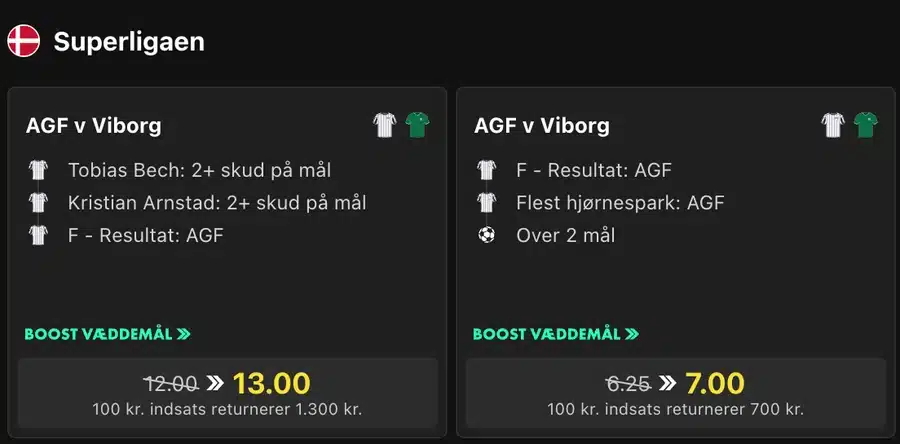 bet365 Boost væddemål i Superligaen bet365 Boost væddemål på AGF mod Viborg, hvor odds 12,00 er hævet til 13,00 og 6,25 til 7,00
