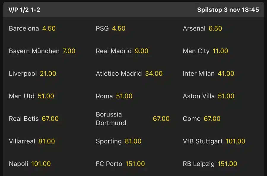 Champions League vinder odds hos bet365 bet365 odds på vinderen af Champions League 2026/27 med Barcelona og PSG til 4,50