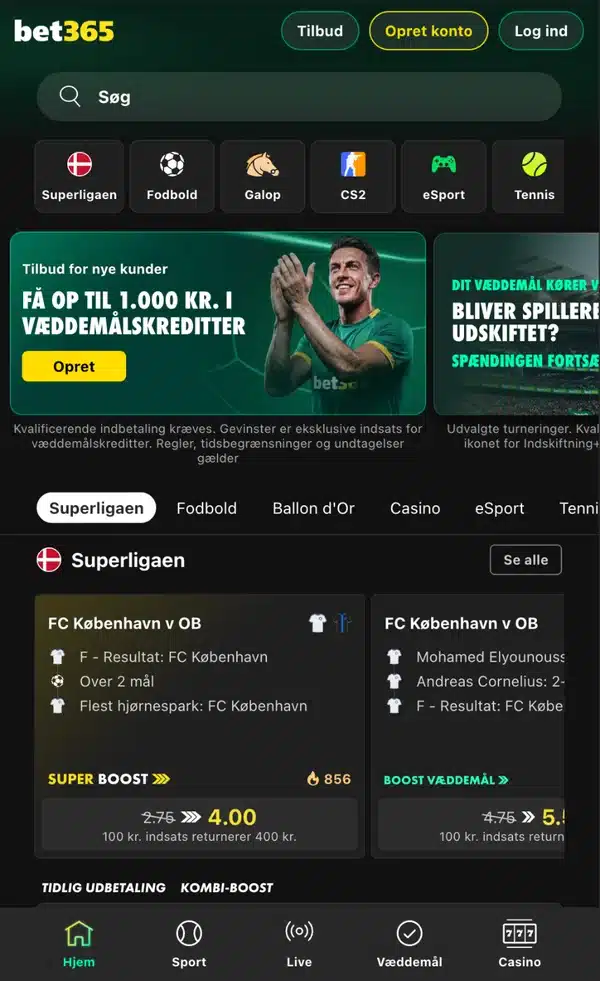 bet365 på mobilen Mobilsiden hos bet365 den 26. oktober 2026 med genveje til Superligaen og fodbold, et Super Boost på FC København mod OB og menuen i bunden