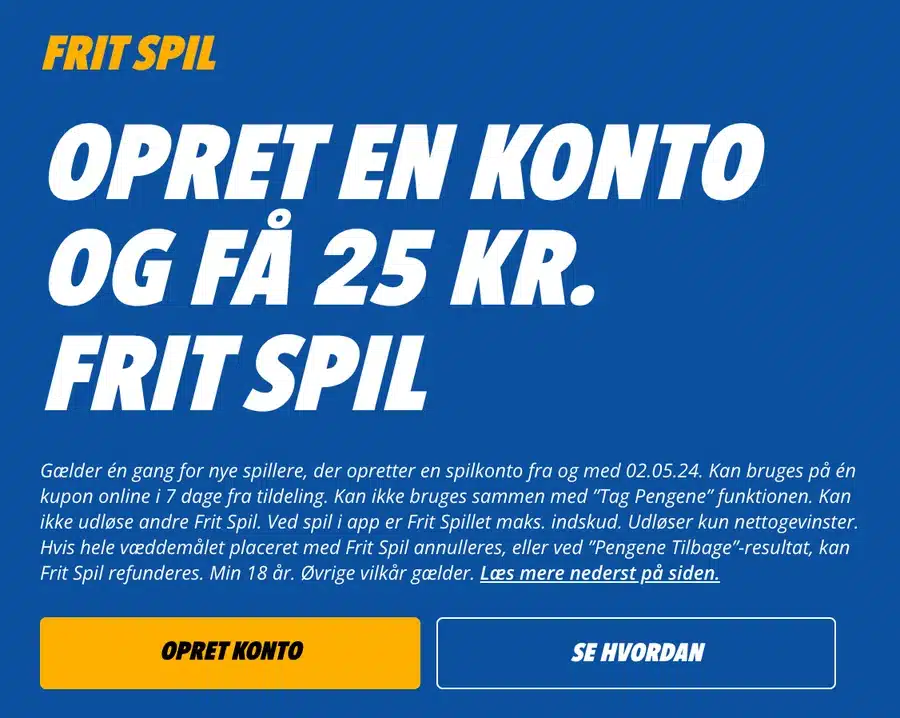 Danske Spil 25 kr. Frit Spil til nye spillere Danske Spil Oddset: opret en konto og få 25 kr. Frit Spil uden indbetaling