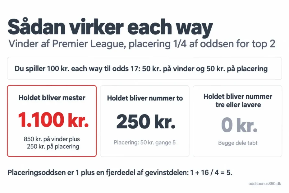 Sådan virker each way Et each way spil på 100 kr. til odds 17 giver 1.100 kr., hvis holdet bliver mester, 250 kr., hvis det bliver nummer to, og 0 kr. ellers