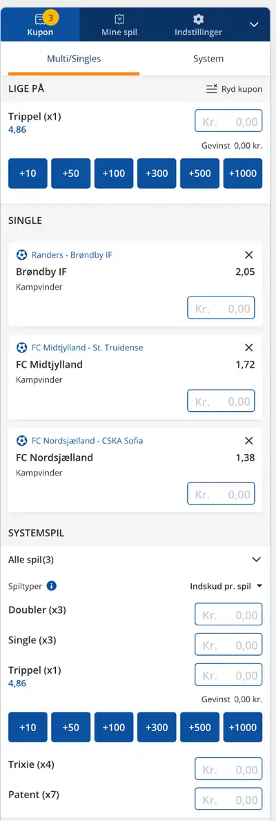 Kombinationsspil på Danske Spil kuponen Danske Spil kupon med en trippel på tre fodboldkampe til samlet odds 4,86 og forslag til systemspil som Trixie og Patent