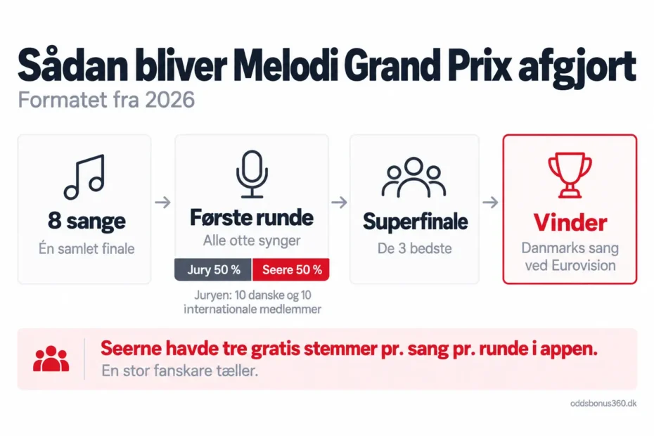 Sådan bliver Melodi Grand Prix afgjort Ved Melodi Grand Prix synger otte sange, jury og seere tæller hver halvdelen, og de tre bedste går videre til en superfinale