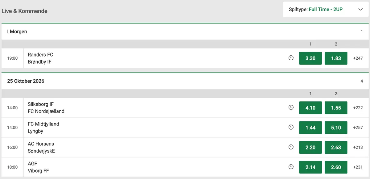 Tidlig udbetaling hos Unibet: Full Time 2UP Unibet Full Time 2UP på Superligaen: tidlig udbetaling som særskilt marked, Randers FC 3.30 og Brøndby IF 1.83