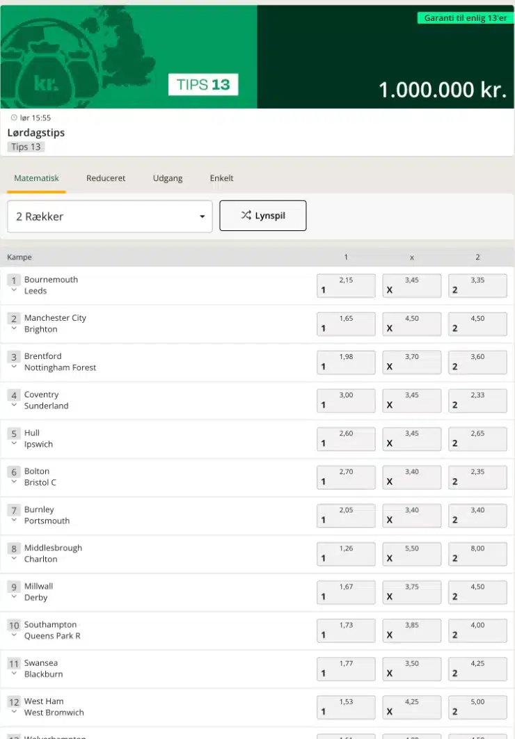 Tips 13 Lørdagstips uge 44 2026 hos Danske Spil Danske Spils Tips 13 kupon Lørdagstips i uge 44 2026 med garanti på 1.000.000 kr. til en enlig 13'er, spilstop lørdag kl. 15.55, og odds på 1, X og 2 i de første 12 kampe