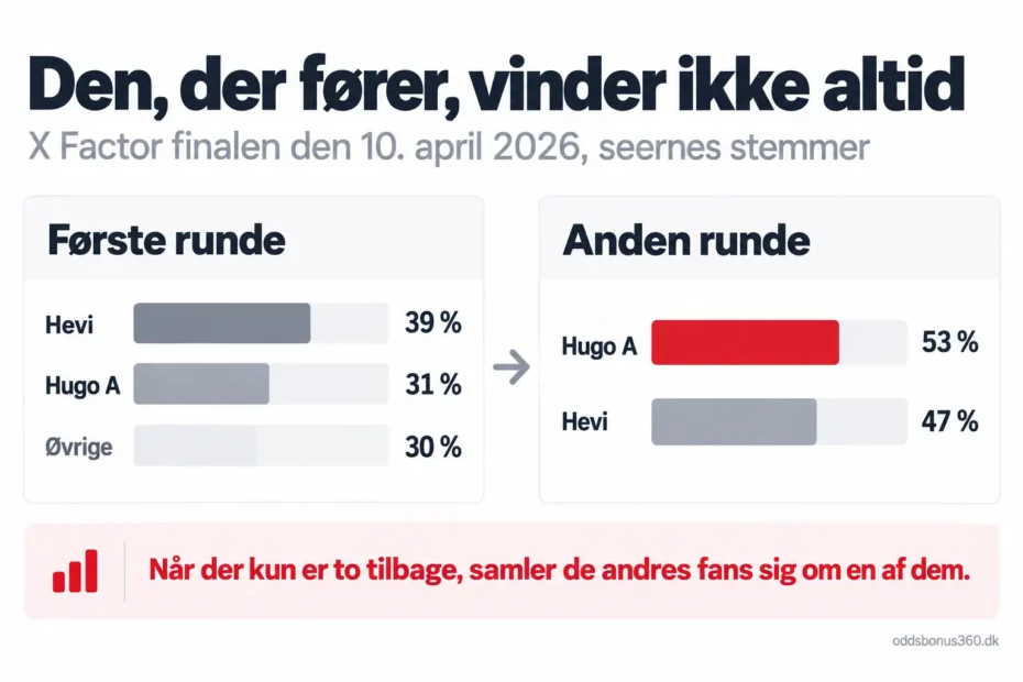 Den, der fører, vinder ikke altid I X Factor finalen 2026 førte Hevi med 39 mod 31 procent efter første runde, men Hugo A vandt anden runde med 53 mod 47 procent